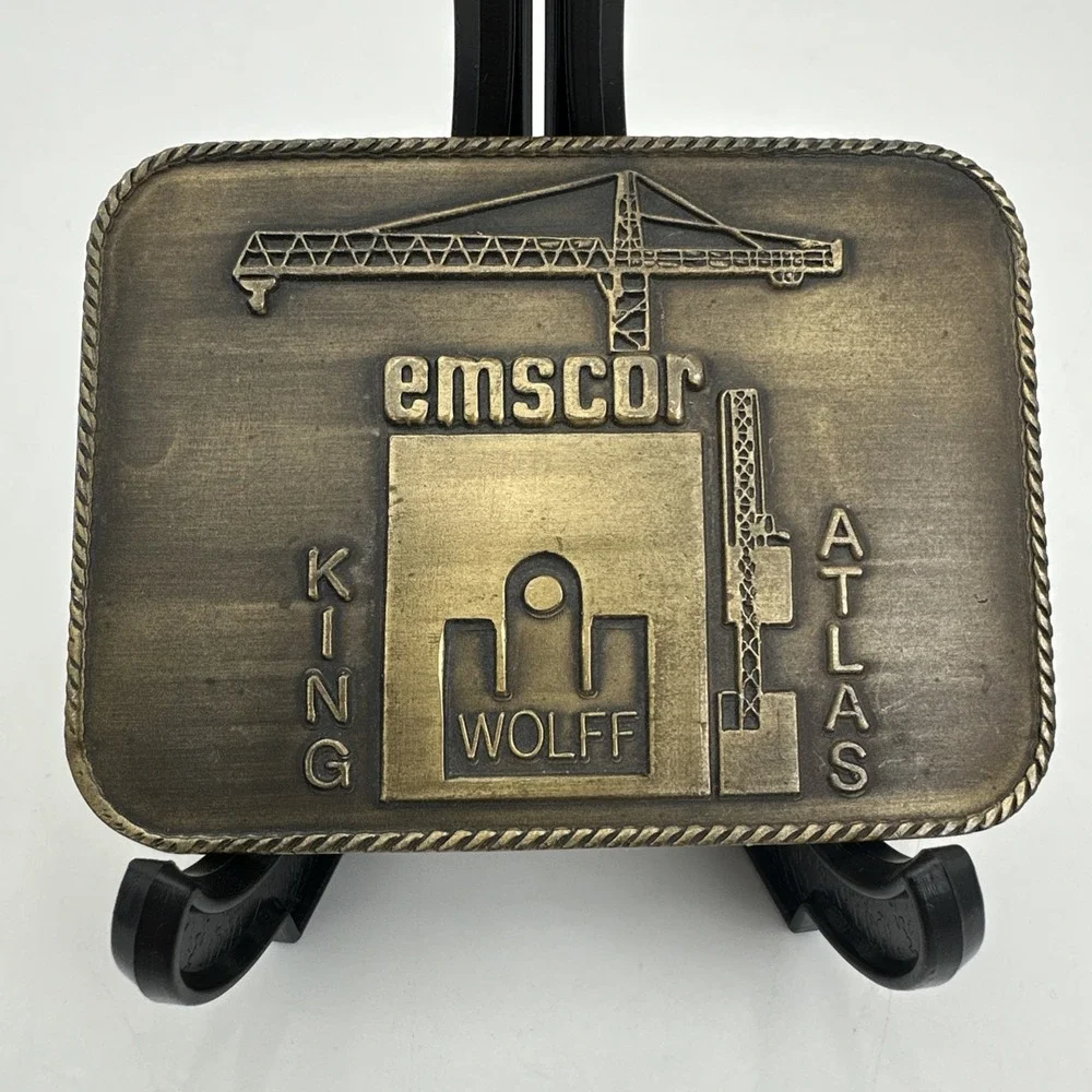 Emscor Brass Belt Buckle Gold Wolff Tower Crane King Atlas Houston TX Western